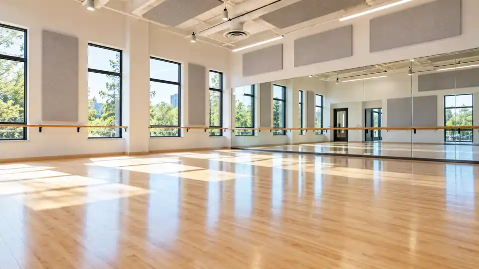 Dance studio with acoustic wall treatment and mirrors