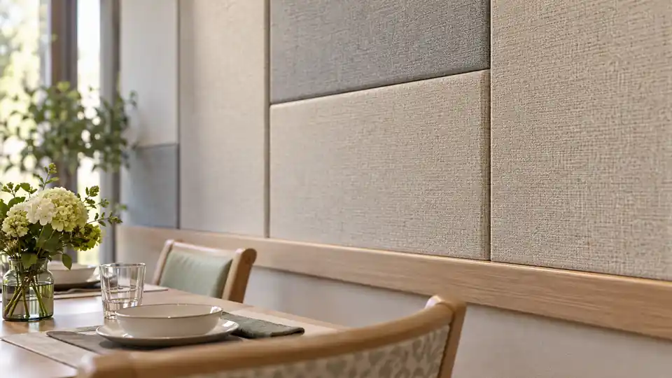 Cleanable acoustic wall panels beside elder care dining tables