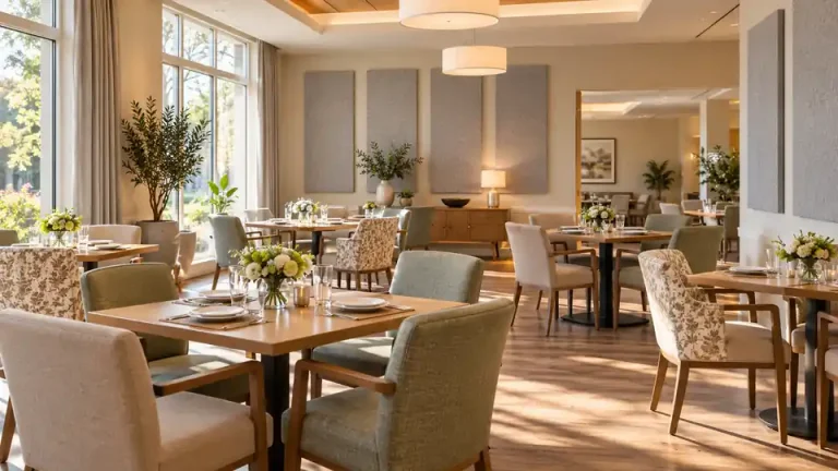 Elder care dining room with acoustic wall panels