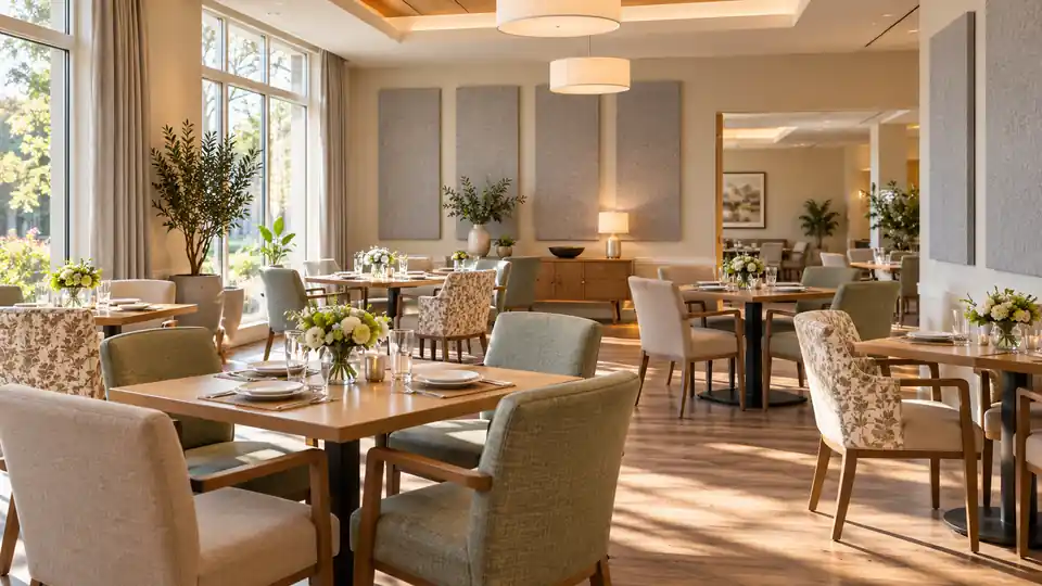 Elder care dining room with acoustic wall panels