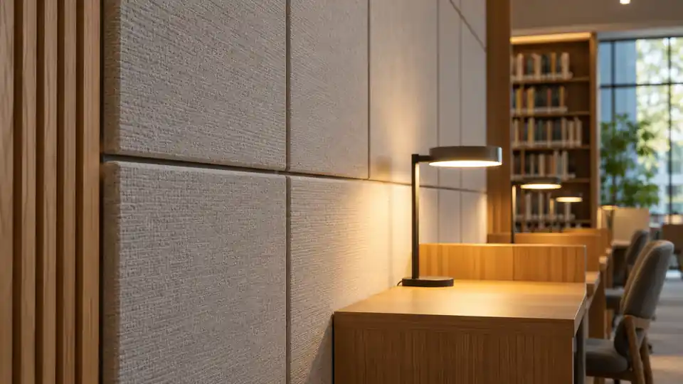Acoustic wall panels beside library study desks
