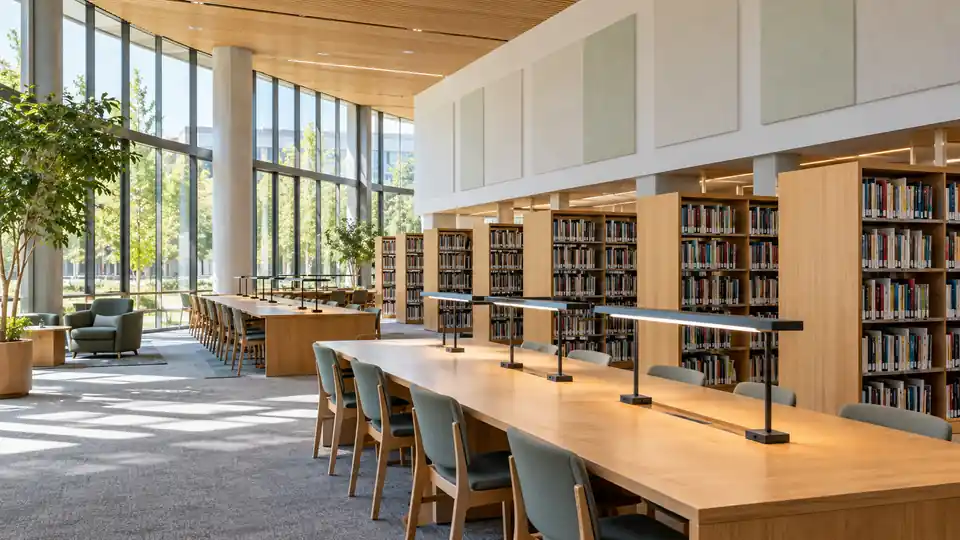 Public library study area with acoustic wall panels