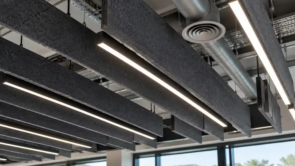 Acoustic ceiling baffles above logistics office workstations