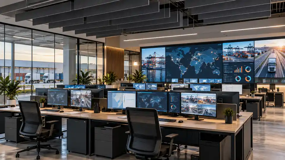 Logistics office with suspended acoustic ceiling baffles