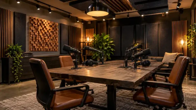 Podcast recording studio with acoustic panels