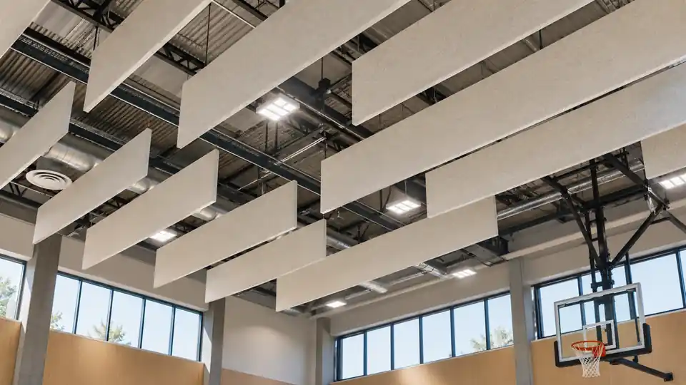 Acoustic baffles above an indoor sports court