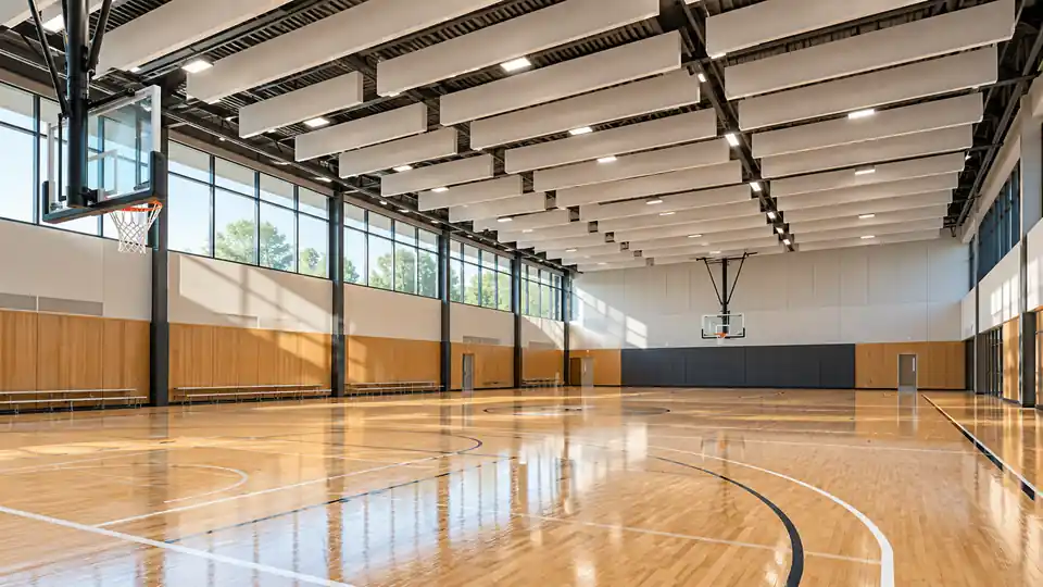 Indoor sports centre with suspended acoustic baffles