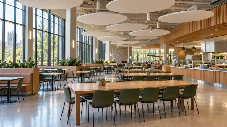 University dining hall with acoustic ceiling clouds