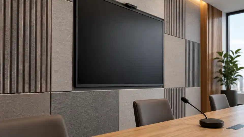 Acoustic panel detail beside a video conference screen