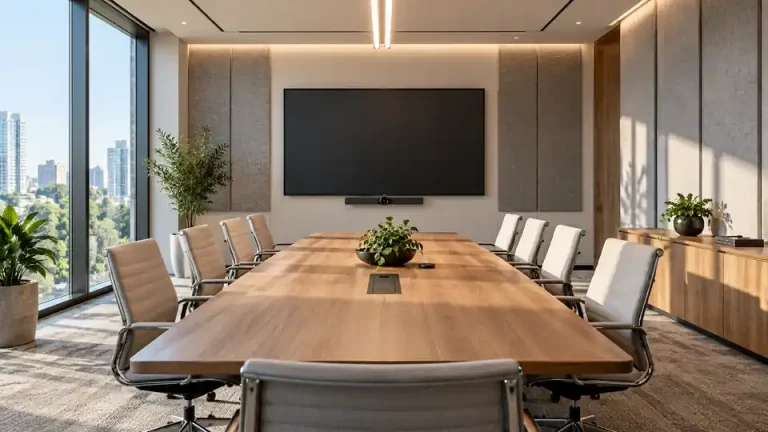 Video conference room with acoustic treatment